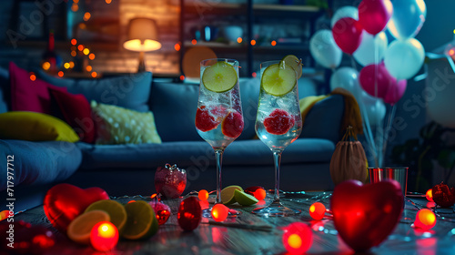 Cinematic photograph of two gin tonic sparkling cocktail with lime in a living room. Moonlight. Dim lights Heart shaped balloons and confeti. Valentines. Love