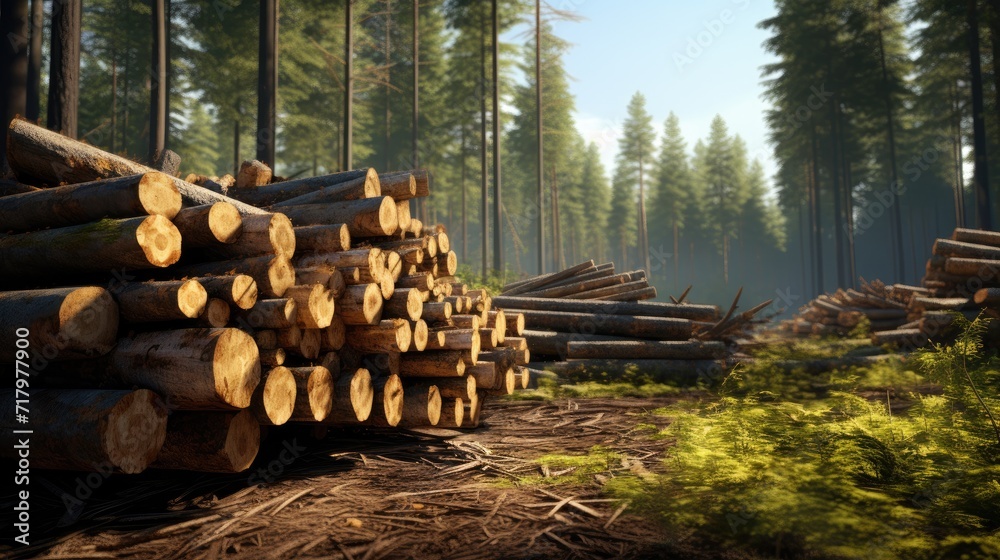 Log trunks pile in forest , the logging timber wood industry. Wide banner or panorama wooden trunks Log trunks pile in forest , the logging timber wood industry. Wide banner or panorama wooden trunks