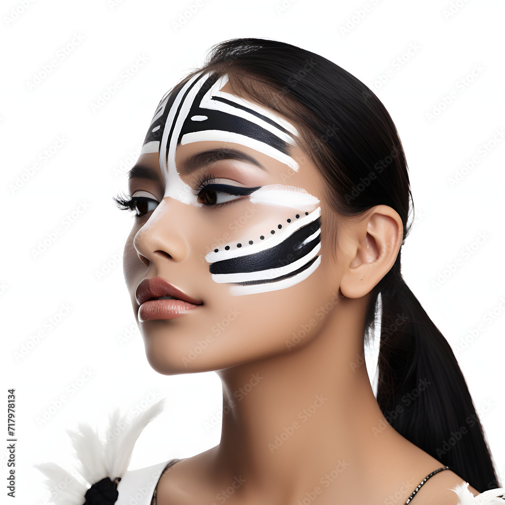 Native american woman applying traditional face paint isolated on white background, minimalism, png
