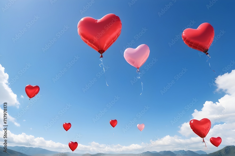 Heart-shaped balloons soaring against a clear sky