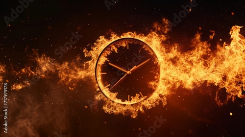 Modern Wall clock Household Item in fire flying on the black background. Horizontal Illustration. Interior design. Ai Generated Illustration with Modern Decorative Wall clock Household Item.