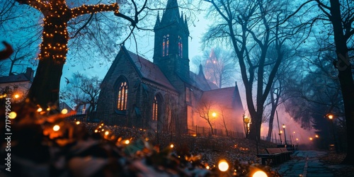 Twilight Hues Cast a Mystical Glow on a Traditional German Protestant Church photo