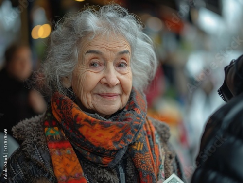 Joyful Elderly Woman with Grey Hair and Warm Scarf on a Busy Street