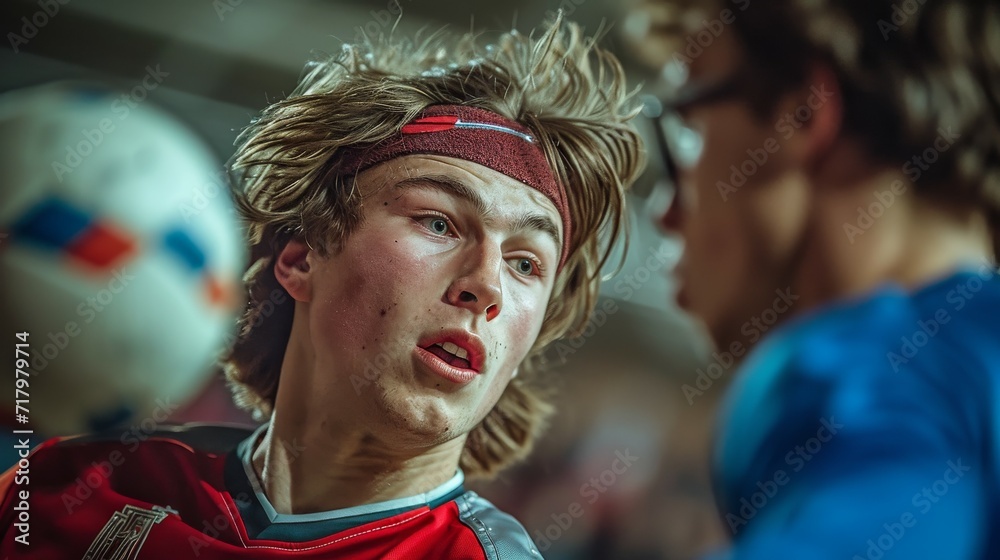 Dedicated Handball Player with Determined Look in the Heat of the Game