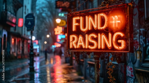 Neon Glow Fundraising Sign on Rainy City Street at Twilight photo