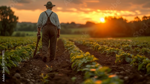 Contemplative Farmer Overlooking Lush Crop Rows at Sunset in Rural Serenity