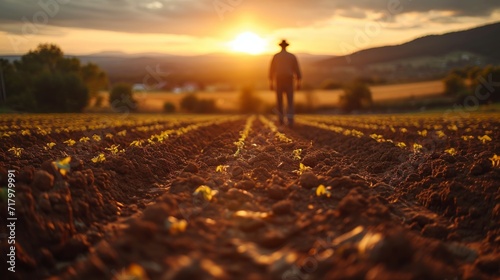 Elderly Farmer Walking Through Golden Fields at Sunset, Timeless Agricultural Scene