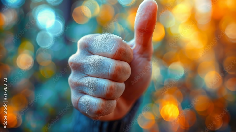 Obraz premium Vivid Close-Up of a Thumbs Up Gesture with Festive Bokeh Lights in the Background