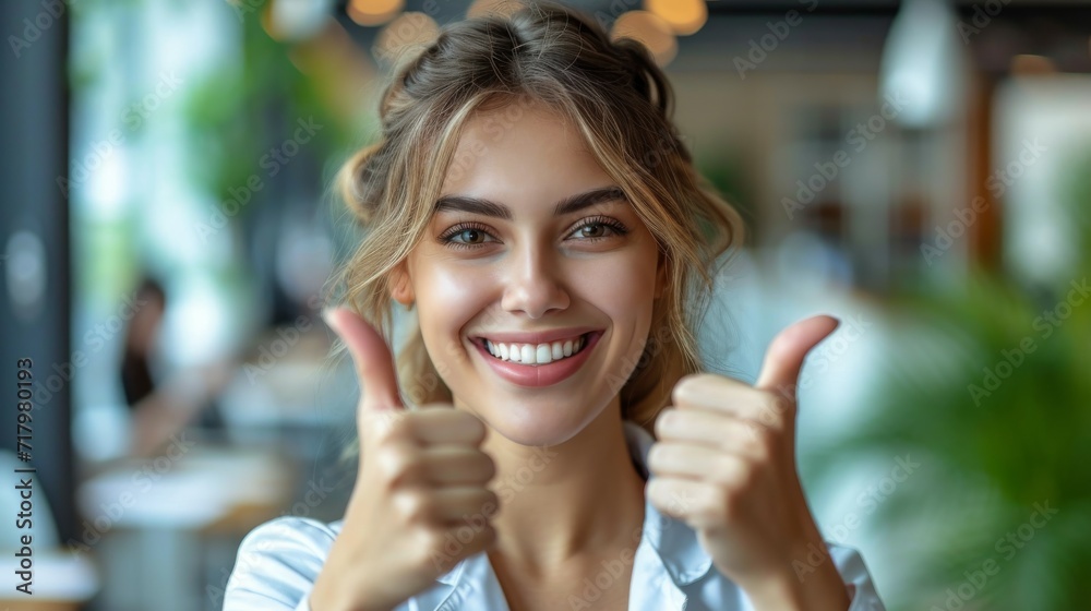 Enthusiastic Young Woman Giving Thumbs Up in a Bright Modern Cafe, Positive Vibes