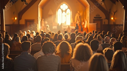 Congregation Attending a Sermon in a Sunlit Church Interior photo