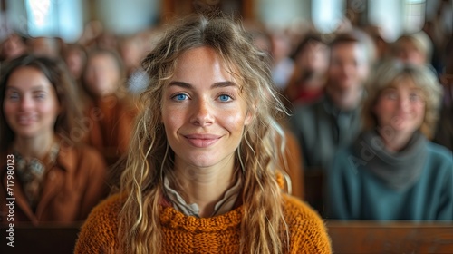 Smiling Young Woman in Turtleneck and Rust-Colored Cardigan, Audience in Soft Focus © Maik Meid