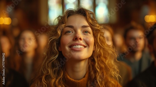 Wallpaper Mural Joyful Young Woman with Curly Hair Captured in a Candid Snapshot Among a Crowd in a church Torontodigital.ca