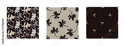 Masculine vector floral pattern with organic botanical shapes. Modern bold black white flower print, design in neutral scandi style.