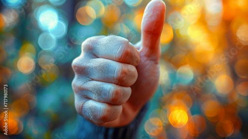 Vivid Close-Up of a Thumbs Up Gesture with Festive Bokeh Lights in the Background