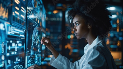 African American female in corporate setting with focus on communication structure and information technology. Cloud technology and system development.