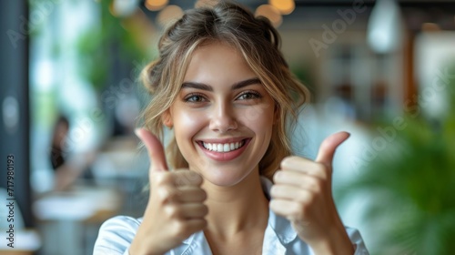Enthusiastic Young Woman Giving Thumbs Up in a Bright Modern Cafe  Positive Vibes