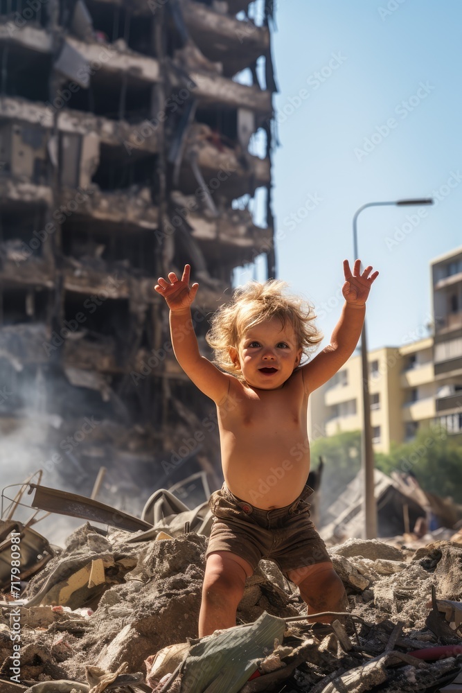 Young Child Stands Before War-Torn Cityscape Amidst Destroyed Vehicles and Buildings