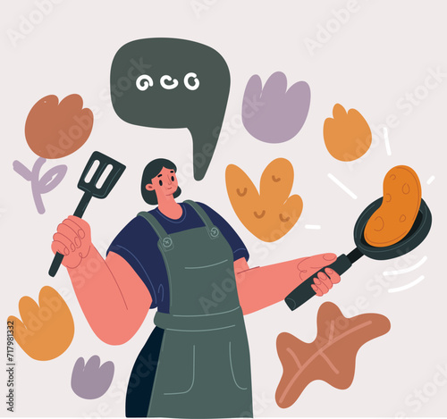 Vector illustration of Woman making pancakes on frying pan in kitchen Woman making thin pancakes on frying pan in kitchen