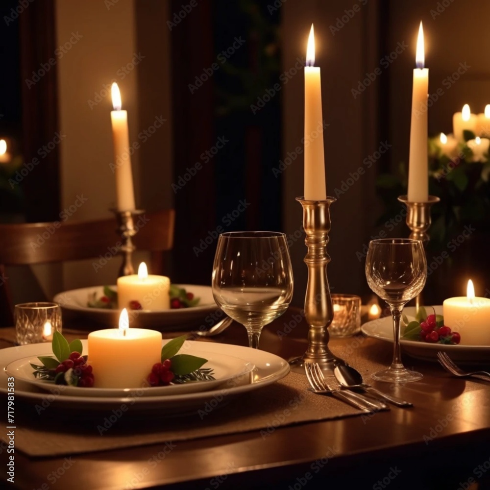 a cozy image of a candlelit dinner setup for two. Focus on the details like flickering candles, elegant table settings, and a romantic ambiance. a cozy image of a candlelit dinner setup for two. Focus on the details like flickering candles, elegant table settings, and a romantic ambiance.