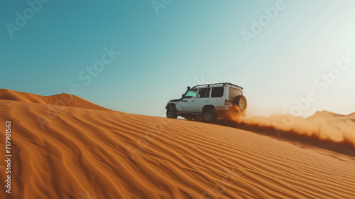 wide-angle shot, white SUV driving on a dune, daytime