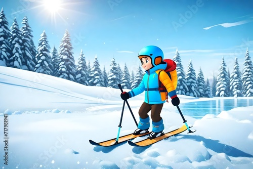 cartoon child boy or a girl skiing on a trip outdoor activity in winter snow season holiday Ice skating over frozen lake, closeup with helmet and gear
