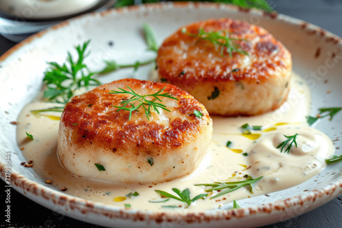 Traditional Jewish dish gefiltefish 2 glossy oval fish patties in a cream color with sauce