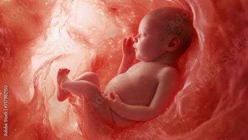 Little human baby inside mother womb. Small embryo in uterus. Cute unborn child sleep in belly. Origin beginning of life concept. Woman pregnancy. Tiny innocent infant grow. Childbirth medical science photo