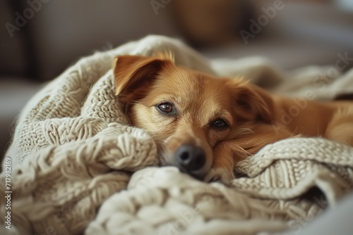 Sick animal, sad suffering dog lying on a blanket indoors © Sergio