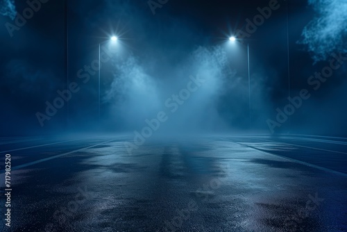 dark empty street set against a deep blue background, an enigmatic ambiance with neon lights and spotlights illuminating the deserted surroundings, asphalt floor reflection 