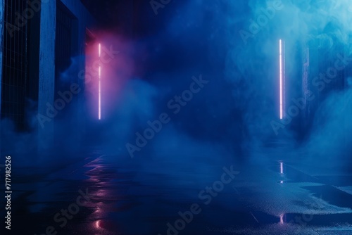 dark empty street set against a deep blue background  an enigmatic ambiance with neon lights and spotlights illuminating the deserted surroundings  asphalt floor reflection 