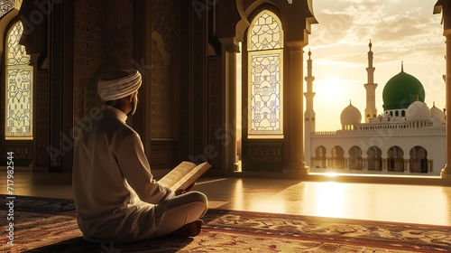 Muslim man having pray sitting in mosque on Ramadan