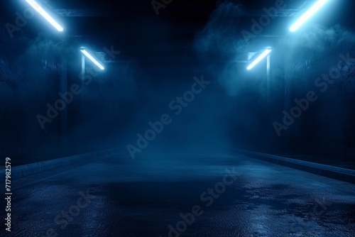 dark empty street set against a deep blue background, an enigmatic ambiance with neon lights and spotlights illuminating the deserted surroundings, asphalt floor reflection 