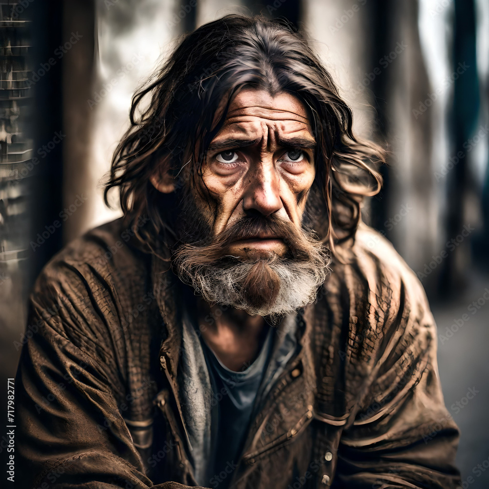 A homeless man with long unwashed hair and dirty clothes and a dirty face. There is sadness in his eyes and he is depressed and suffering from addiction and mental health issues.. 