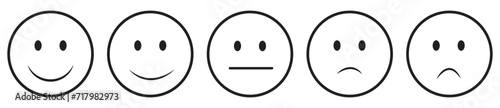 Iconic illustration of satisfaction level. Range to assess the emotions of your content. Feedback in form of emotions. User experience. Customer feedback. Excellent, good, normal, bad, awful. 