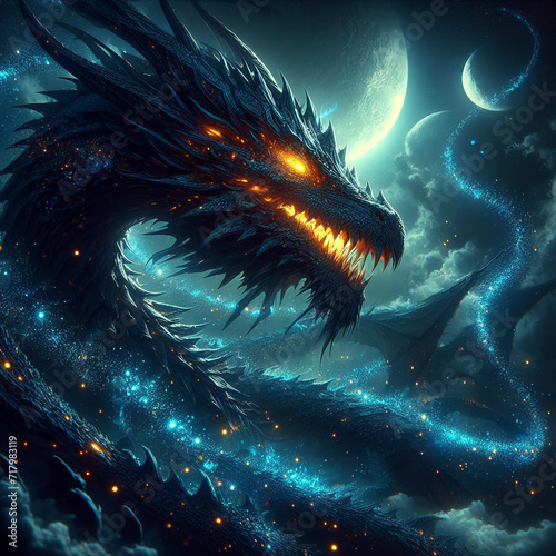 A black dragon with yellow glowing eyes
