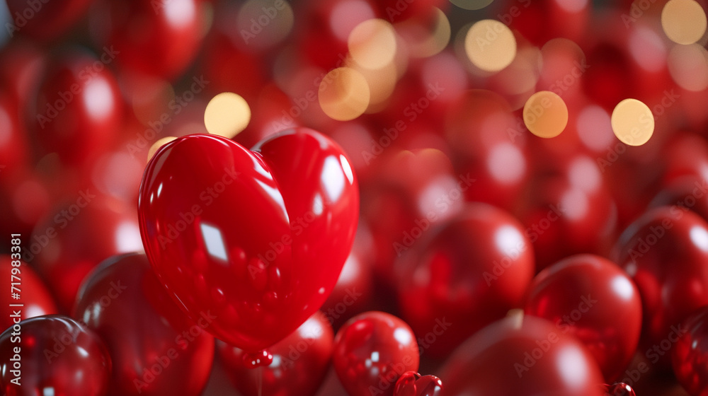 A red balloon in the shape of a heart monochromatic red background. Red heart on a glowing red background with golden bokeh. A heart red horizontal banner.Love and Wedding monochrome greeting card. A red balloon in the shape of a heart monochromatic red background. Red heart on a glowing red background with golden bokeh. A heart red horizontal banner.Love and Wedding monochrome greeting card.