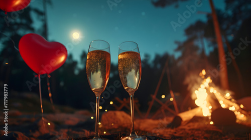 Cinematic photograph of two glasses of champagne by a firepit in a camp site. Moonlight. Stars.Heart shaped balloons and confeti. Valentines. Love