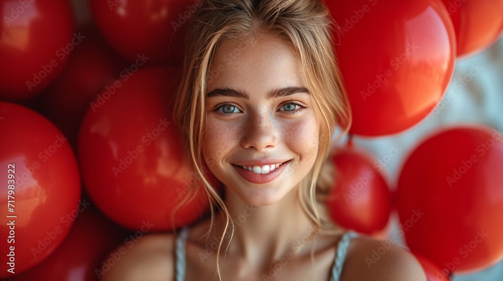 Close-up shot of a cheerful teenager holding numerous crimson balloons in a premium studio image. Close-up shot of a cheerful teenager holding numerous crimson balloons in a premium studio image.
