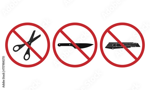Bundle set of prihibition sign do not bring or use cutter, cutting tool, sharp object, scissors, knife, knives, blade  