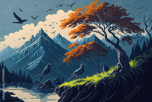 Beautiful painting illustration landscape with trees and mountains