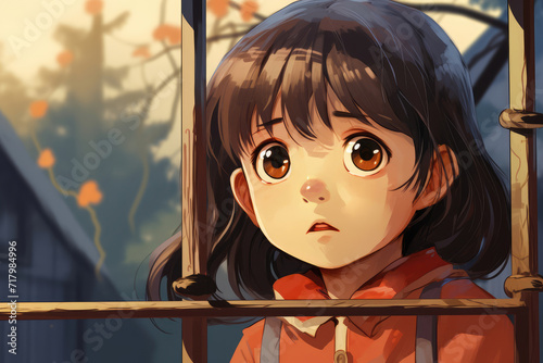  Illustration of a 4-year-old Japanese girl, looking sadly through a playground fence, missing her parents in a kindergarten setting