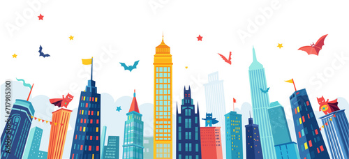 Comic-style horizontal background for Super hero kids party with city silhouette and clouds. Metropolis cartoon Illustration