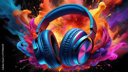 Gaming headset, abstract background, with explosive vivid colors. Generative AI