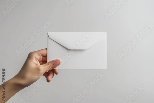White envelope without addressee in hand on white background. Close-up photo