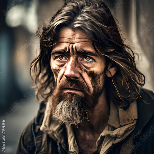 A homeless man with long unwashed hair and dirty clothes and a dirty face. There is sadness in his eyes and he is depressed and suffering from addiction and mental health issues..  photo