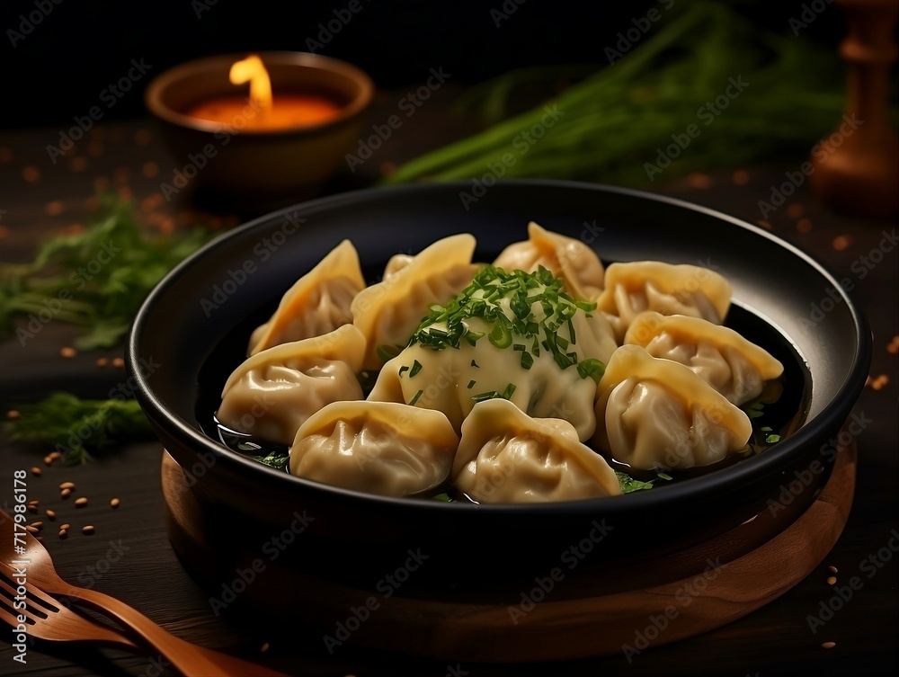 Dumplings with soup in a black plate on a wooden table Dumplings with soup in a black plate on a wooden table