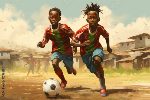  Illustration of male twins, 10 years old, Nigerian, in vibrant traditional attire playing soccer