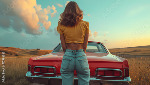 A fashionable woman stands proudly next to her sleek red car, surrounded by the vast open sky and lush green grass, exuding confidence and freedom