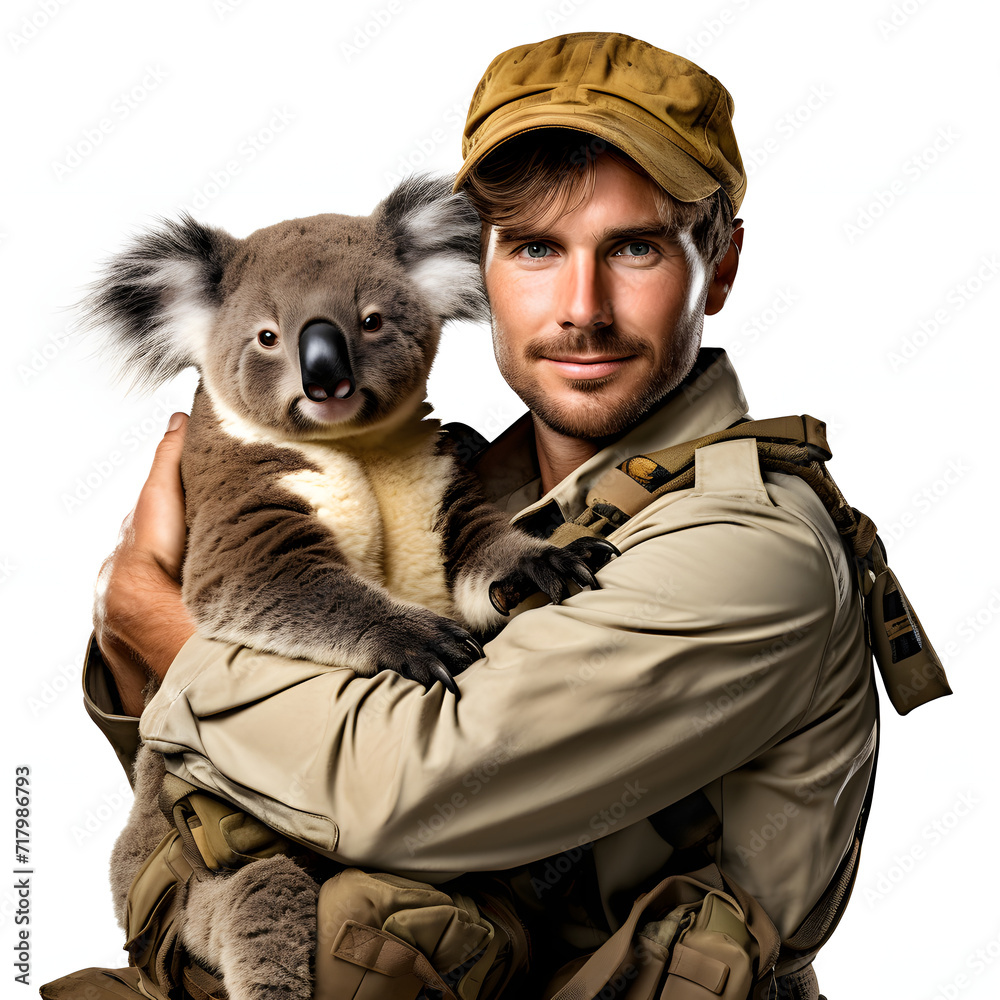 An australian ranger with a koala at a wildlife sanctuary isolated on white background, photo, png
