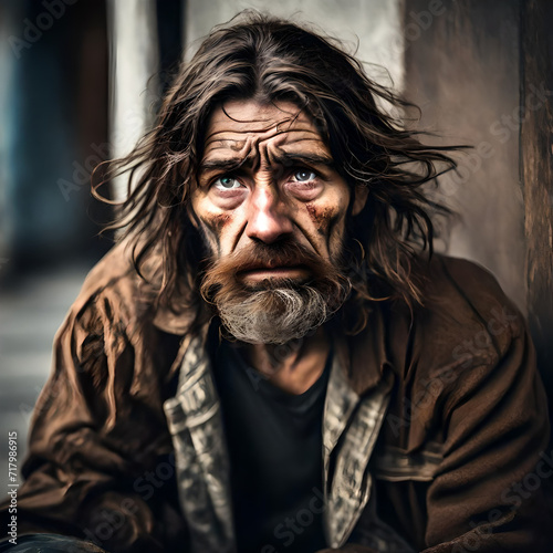 A homeless man with long unwashed hair and dirty clothes and a dirty face. There is sadness in his eyes and he is depressed and suffering from addiction and mental health issues.. 